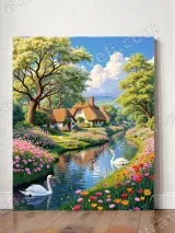 Thatched Cottage Swan River Floral Canvas Wall Art for Home Decor – view 2