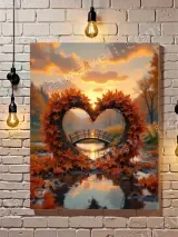 Autumn Heart Leaf Wreath Canvas Wall Art, Sunset Bridge Fall Home Decor