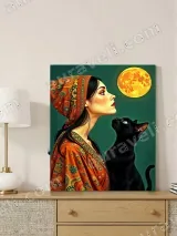 Bohemian Woman & Black Cat Full Moon Canvas Wall Art for Home Decor – вид 4