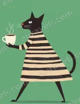 Whimsical Cat with Coffee Cup Striped Dress Canvas Wall Art for Home Decor wall art print
