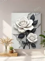 White Rose Black Leaf Crackled Canvas Wall Art for Living Room Bedroom Home Decor – view 3