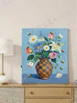 Floral Bouquet with Bees in Checkered Vase Canvas Wall Art for Home Decor – view 3