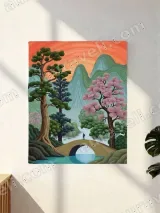 Vibrant Nature Landscape with Bridge & Cherry Blossoms Canvas Wall Art for Home Decor – view 2