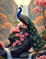 Peacock Floral Canvas Wall Art with Waterfall & Autumn Forest for Living Room Bedroom Decor wall art print