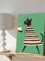 Whimsical Cat with Coffee Cup Striped Dress Canvas Wall Art for Home Decor – вид 4