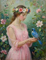 Girl with Blue Bird Floral Wreath Canvas Wall Art for Home Decor wall art print