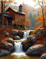 Autumn Cabin Waterfall Canvas Wall Art for Living Room framed modern home decor