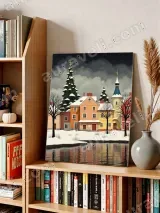 Colorful Winter Village with Lake Canvas Wall Art for Home Decor – вид 3