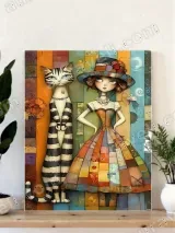 Whimsical Girl & Striped Cat Canvas Wall Art for Living Room Home Decor