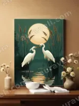 Two Egrets Moonlit Lake Reed Canvas Wall Art for Living Room Home Decor – view 2