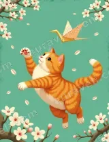 Ginger Cat Origami Crane Cherry Blossom Canvas Wall Art for Home Decor wall art for modern home decor