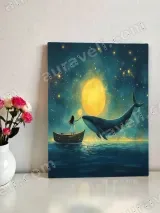 Fantasy Whale Girl Boat Moon Night Canvas Wall Art for Living Room Bedroom Home Decor