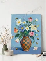 Floral Bouquet with Bees in Checkered Vase Canvas Wall Art for Home Decor