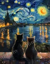 Cats Van Gogh - Style Starry Night Lake Canvas Wall Art for Home Decor wall art print