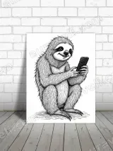 Sloth Holding Phone Black & White Line Art Canvas Wall Art for Home Decor – вид 3