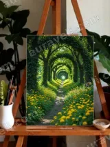 Scenic Tree Tunnel & Yellow Flower Path Canvas Wall Art for Home Decor