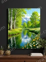 Scenic River with Birch Trees & Flowers Canvas Wall Art for Home Decor – view 3