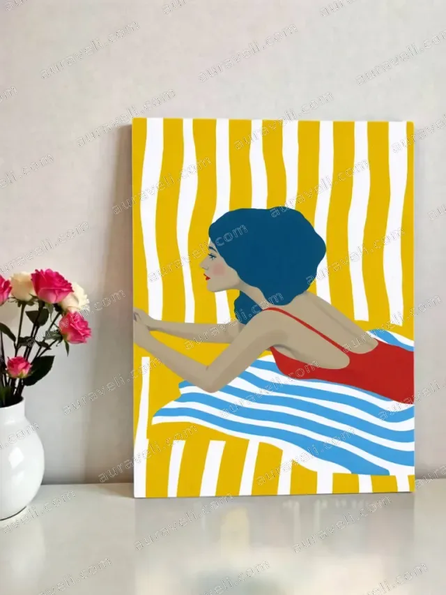 Retro Poolside Woman in Red Swimsuit Canvas Wall Art for Living Room Decor — art print
