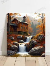 Autumn Cabin Waterfall Canvas Wall Art for Living Room Decor