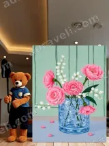 Pink Flower Bouquet in Blue Vase Canvas Wall Art for Living Room Home Decor