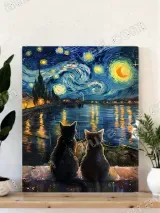 Cats Van Gogh - Style Starry Night Lake Canvas Wall Art for Home Decor