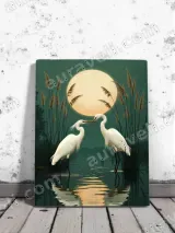 Two Egrets Moonlit Lake Reed Canvas Wall Art for Living Room Home Decor