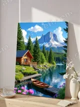 Mountain Lake Cabin Canoe Nature Canvas Wall Art for Home Decor – view 4