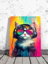 Cool Cat with Headphones Sunglasses Colorful Canvas Wall Art Home Decor