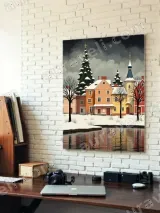 Colorful Winter Village with Lake Canvas Wall Art for Home Decor – вид 4