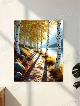 Autumn Birch Tree Lake Path Canvas Wall Art for Living Room Home Decor