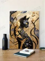 Black Cat Golden Floral Canvas Wall Art for Living Room Home Decor