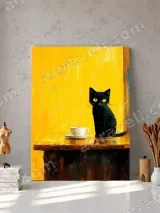 Black Cat & Coffee Cup Oil Painting Canvas Wall Art for Home Decor