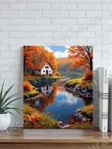 Autumn Cottage River Landscape Canvas Wall Art for Home Decor