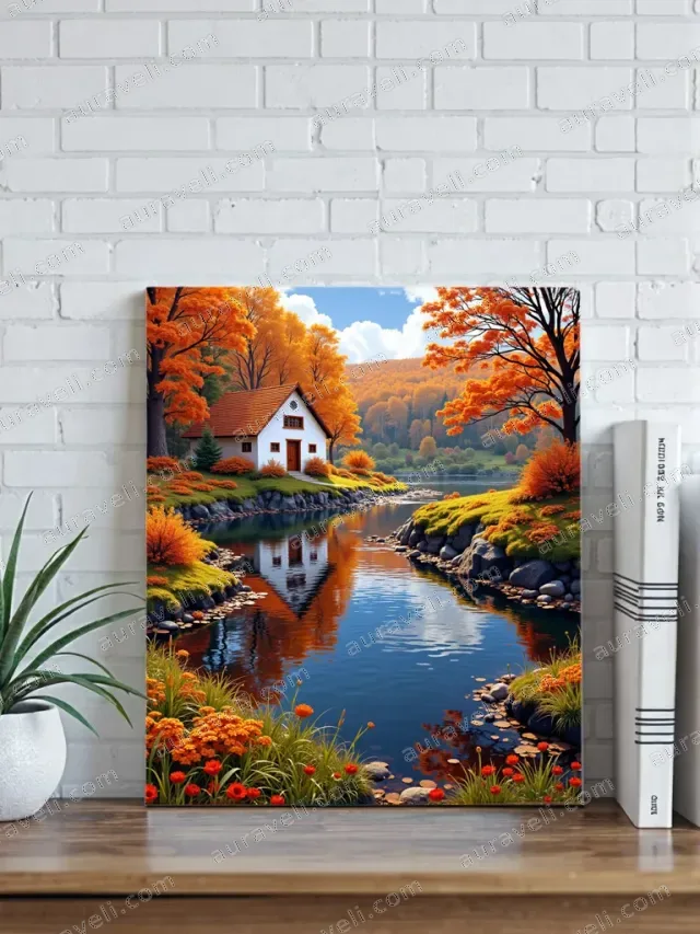 Autumn Cottage River Landscape Canvas Wall Art for Home Decor — art print