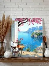 Coastal Balcony Seaview Cherry Blossom Canvas Wall Art for Home Decor