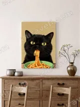 Black Cat Eating Spaghetti Canvas Wall Art for Home Decor – вид 2