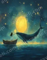 Fantasy Whale Girl Boat Moon Night Canvas Wall Art for Living Room Bedroom Home Decor wall art print