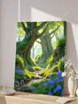 Enchanted Forest Stream with Blue Flowers Canvas Wall Art for Home Decor – вид 4