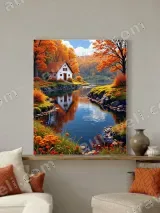 Autumn Cottage River Landscape Canvas Wall Art for Home Decor – view 4