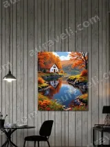 Autumn Cottage River Landscape Canvas Wall Art for Home Decor – view 2