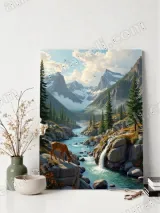 Scenic Mountain River Deer Canvas Wall Art for Living Room Home Decor