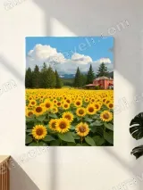 Sunflower Field & Red House Canvas Wall Art for Home Decor