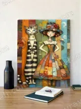 Whimsical Girl & Striped Cat Canvas Wall Art for Living Room Home Decor – вид 2