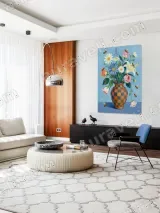 Floral Bouquet with Bees in Checkered Vase Canvas Wall Art for Home Decor – view 5