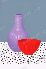 Minimalist Still Life Purple Vase Red Bowl Canvas Wall framed art for modern home decor