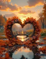 Autumn Heart Leaf Wreath Canvas Wall Art Sunset Bridge framed for modern home decor