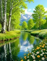 Scenic River with Birch Trees Flowers Canvas Wall Art framed for modern home decor