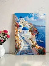 Colorful Santorini Blue Dome Coastal Canvas Wall Art for Home Decor