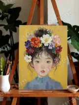 Girl with Floral Hair Oil Painting Canvas Wall Art for Home Decor