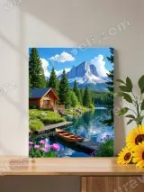 Mountain Lake Cabin Canoe Nature Canvas Wall Art for Home Decor